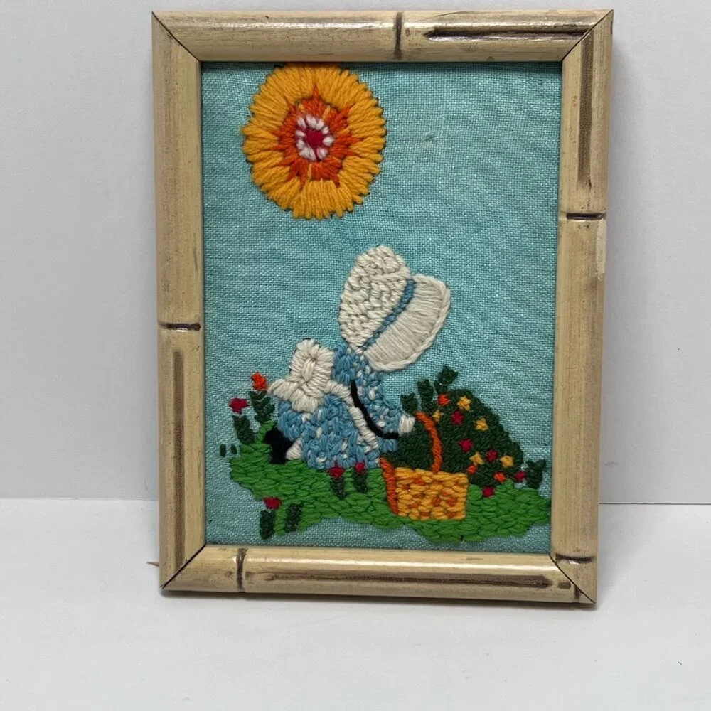 Framed Completed Crewel Holly Hobbie 1970's Girl with‎ Basket in Garden Sunshine